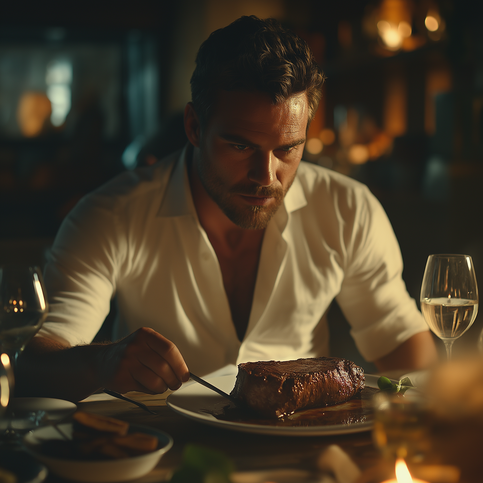 A man staring at the steak on his plate | Source: Midjourney