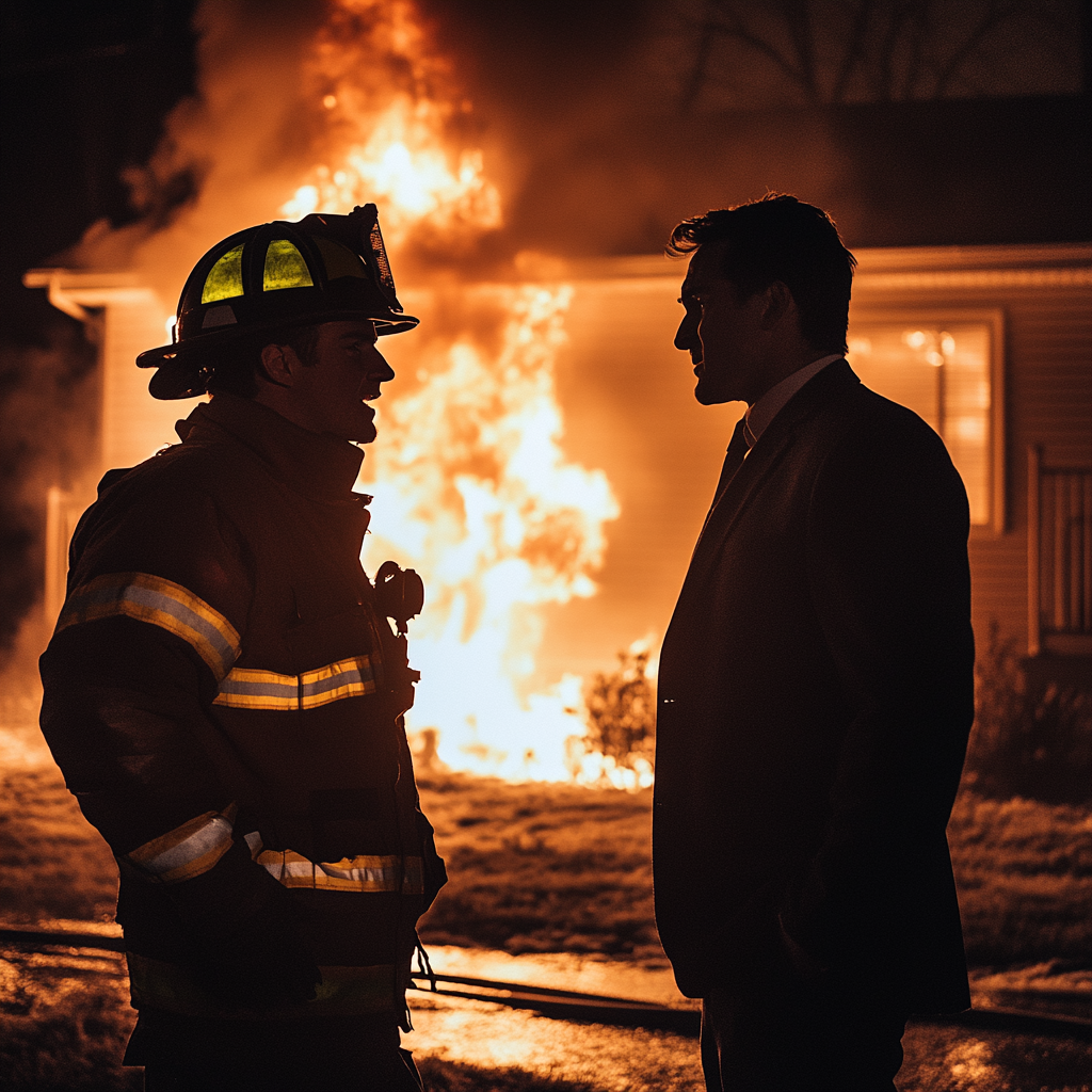 A firefighter talking to a young man | Source: Midjourney