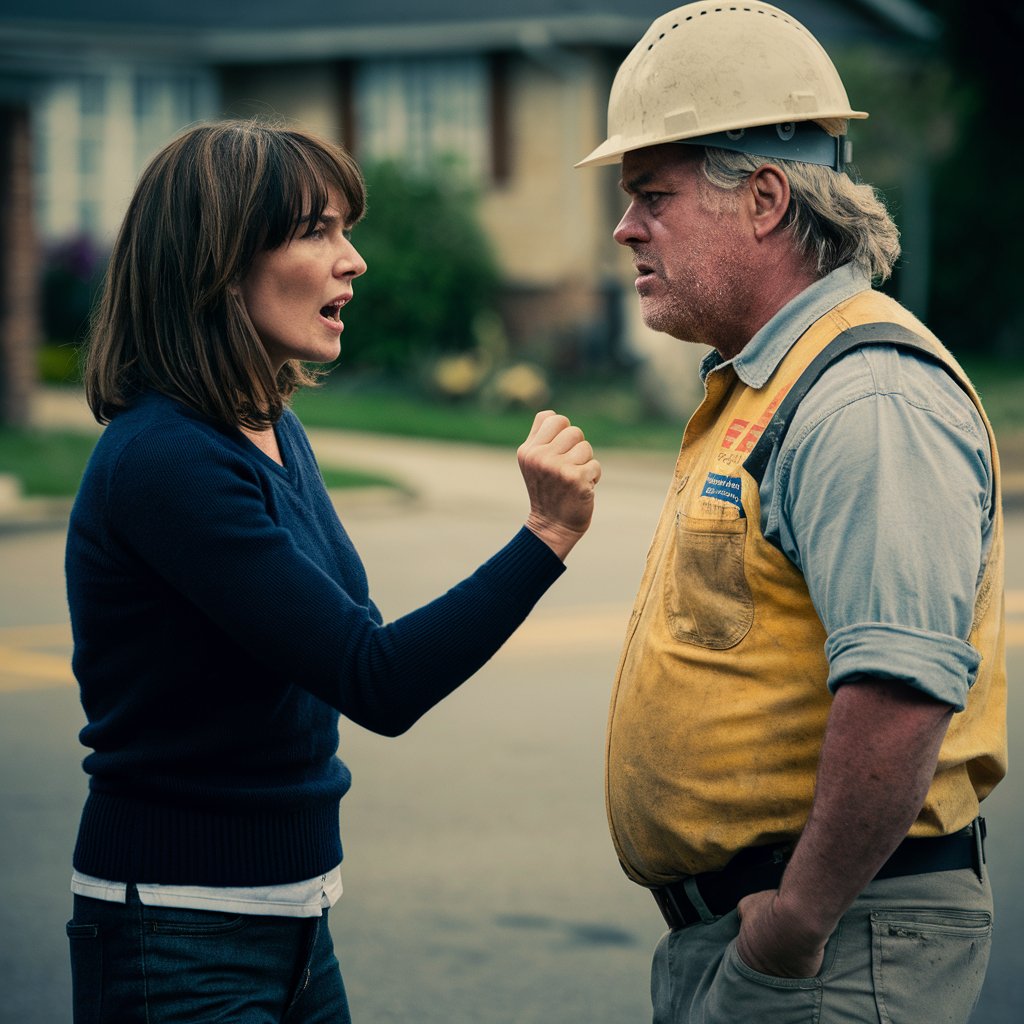 A woman argues with a construction worker outside a home | Source: Midjourney