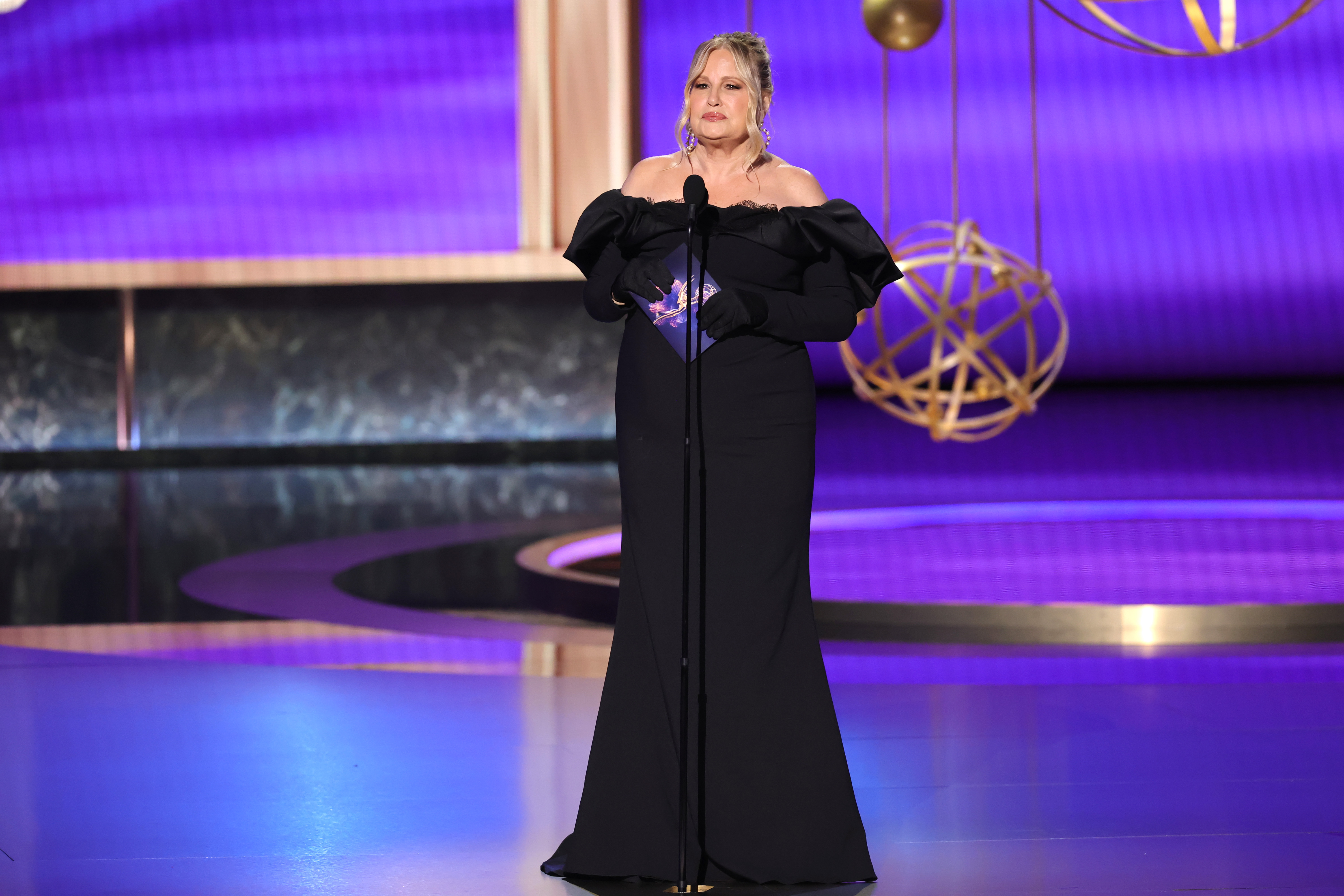 Jennifer Coolidge speaks onstage during the 77th Primetime Emmy Awards on September 14, 2025 in Los Angeles, California | Source: Getty Images
