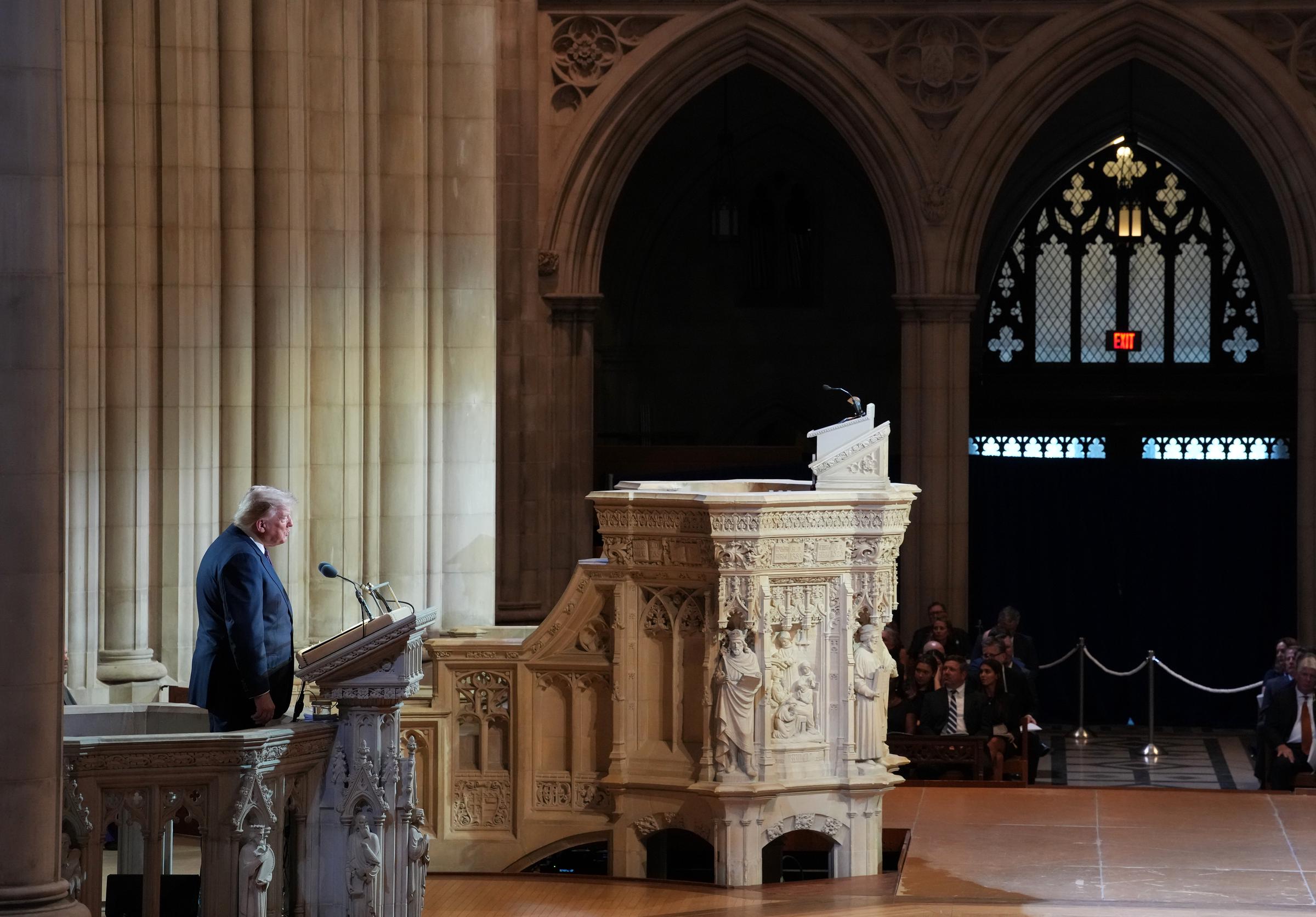 U.S. President Donald Trump delivers the eulogy for late Sen. Lindsey Graham during the funeral service at Washington National Cathedral in Washington, D.C. Throughout his remarks, Trump reflected on Graham's upbringing and the values he said helped shape the senator's character and lifelong commitment to public service. | Source: Getty Images