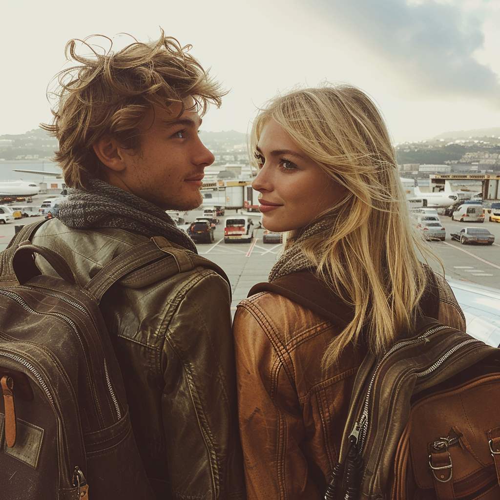 A couple at an airport | Source: Midjourney