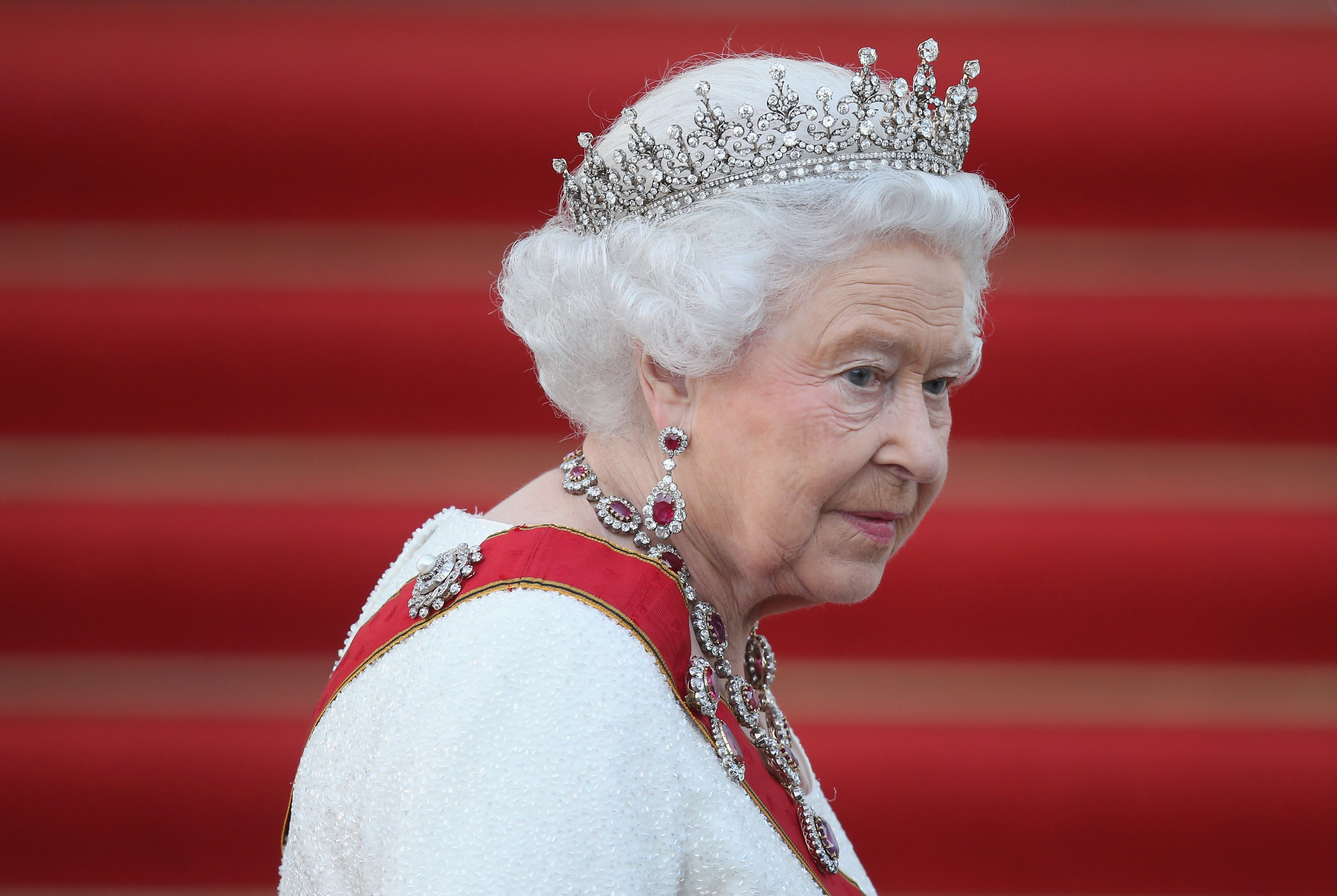 Queen Elizabeth II arrives for the state banquet in her honour at Schloss Bellevue palace on the second day of the royal four-day visit to Germany on June 24, 2015, in Berlin. | Source: Getty Images
