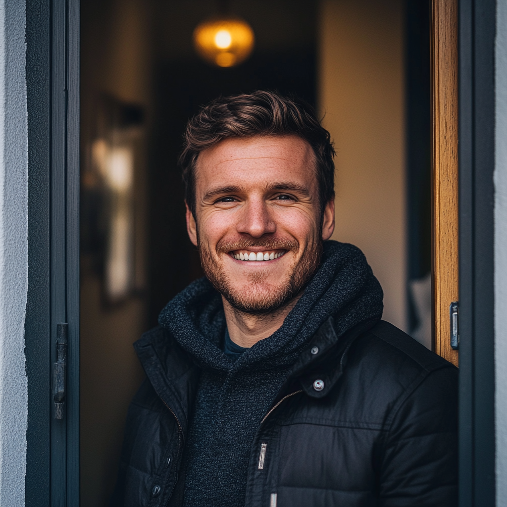 A man smiles warmly while standing at the door | Source: Midjourney