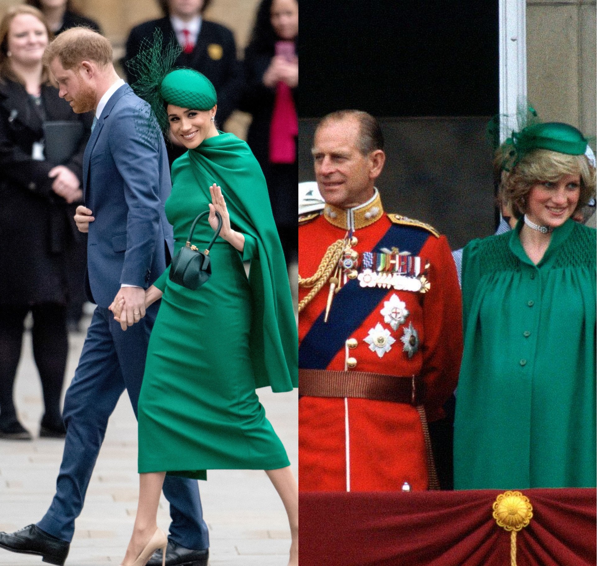 Príncipe Harry y Meghan Markle en marzo de 2020 en Londres / Príncipe Philip y princesa Diana en junio de 1982 en Londres. | Foto: Getty Images