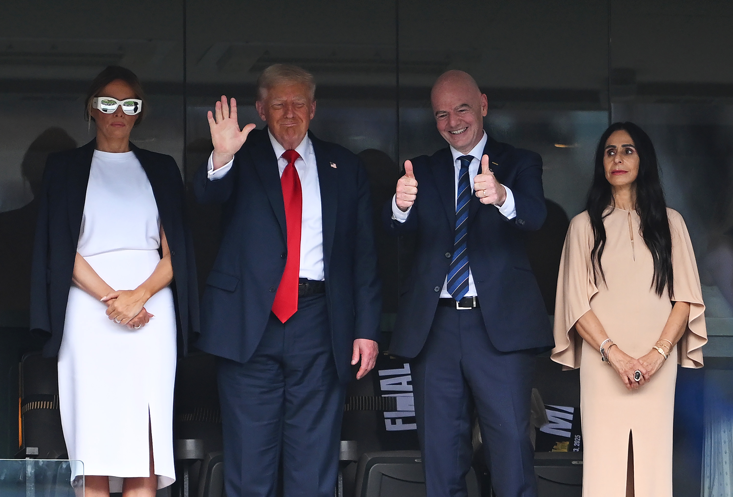 Melania and Donald Trump with Gianni Infantino and Leena Al Ashqar during the FIFA Club World Cup 2025 final match between PSG and Chelsea at MetLife Stadium on July 13 in New Jersey. | Source: Getty Images
