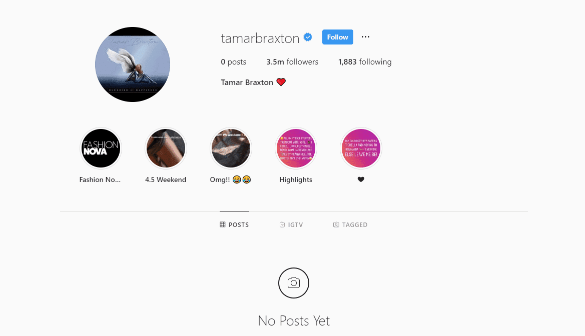 A screenshot of Tamar Braxton's Instagram page | Source: Instagram.com/TamarBraxton