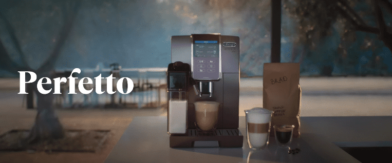 A coffee machine and a bag of coffee beans with Brad Pitt's name as part of the De'Longhi's "Perfetto" campaign | Photo: Youtube.com/De'Longhi Global
