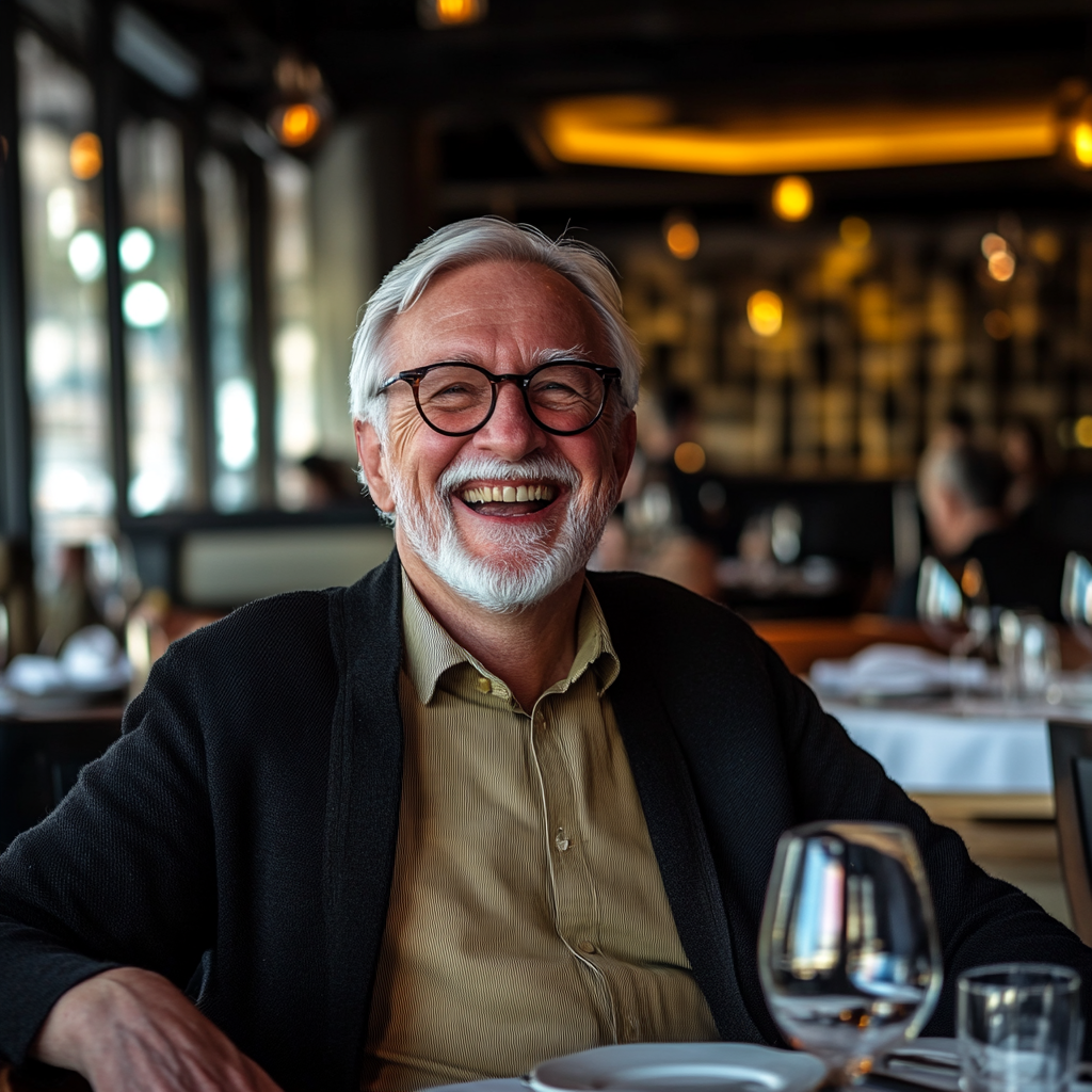 A senior man grins while sitting in an upscale restaurant | Source: Midjourney