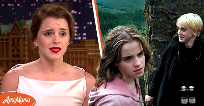 Pictured: (L) Actress Emma Watson during an appearance on "The Tonight Show Starring Jimmy Fallon." (R)  Emma Watson as Hermione Granger and Tom Felton as Draco Malfoy on "Harry Potter" | Source: YouTube/@The Tonight Show Starring Jimmy Fallon and YouTube/@Wizarding World