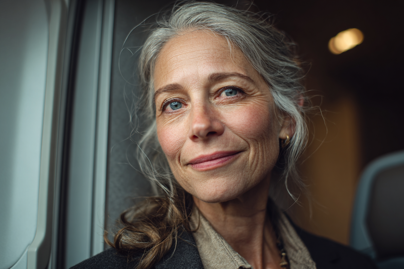 An older woman standing in an airplane | Source: Midjourney