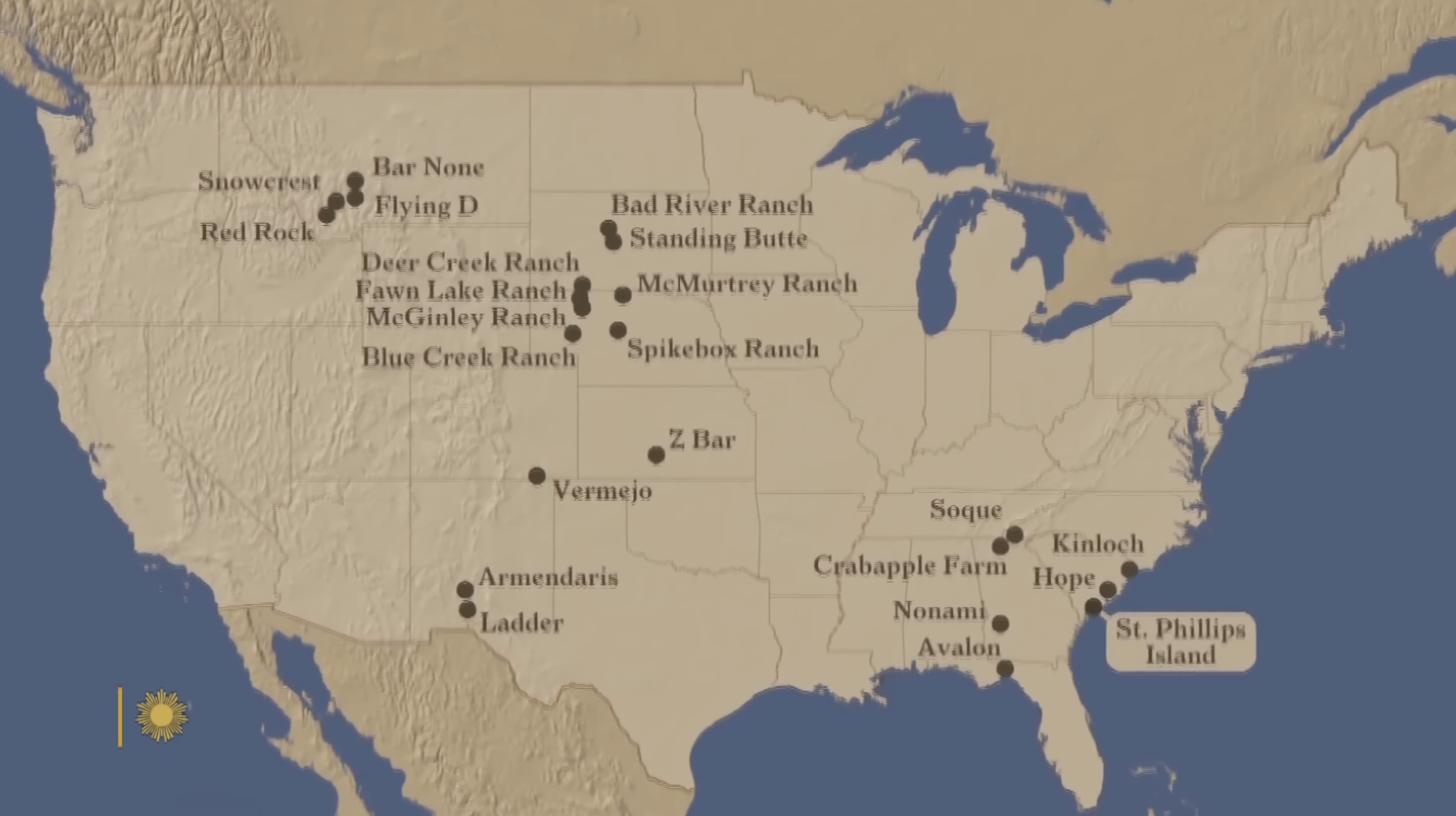 A map displays the extensive network of ranches and conservation properties owned by Ted Turner across the United States. | Source: YouTube/CBS Sunday Morning