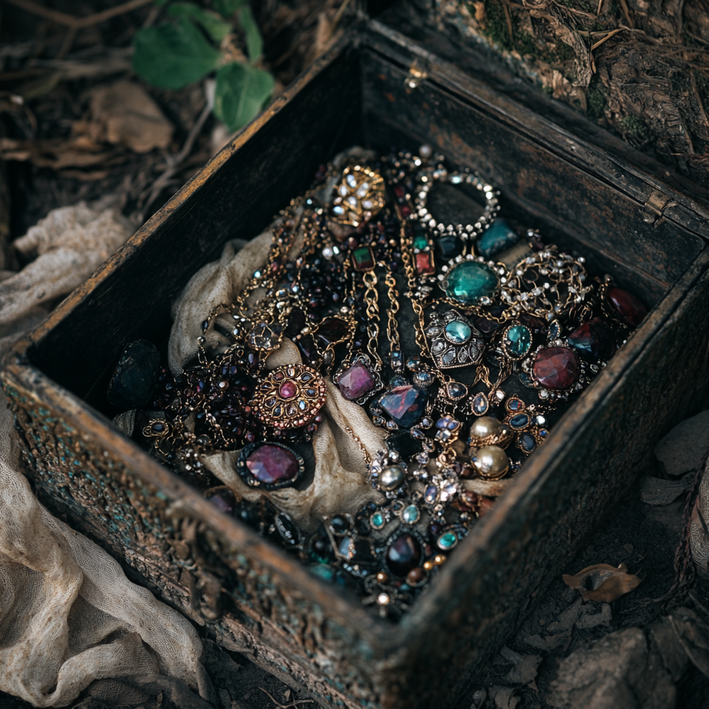 A closeup of an old metal box containing jewelry items lying in a garden | Source: Midjourney