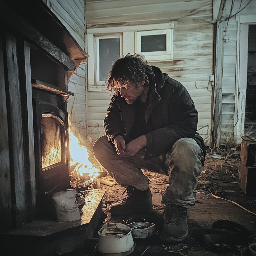 A man hunched by a fireplace | Source: Midjourney