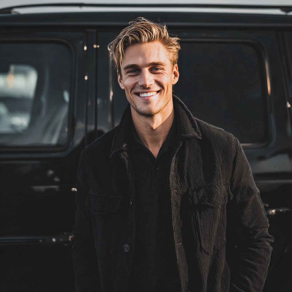 A smiling man standing in front of a black SUV | Source: Midjourney