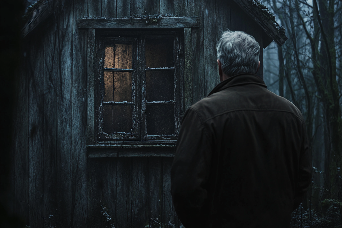 A man standing near an old cabin | Source: Midjourney