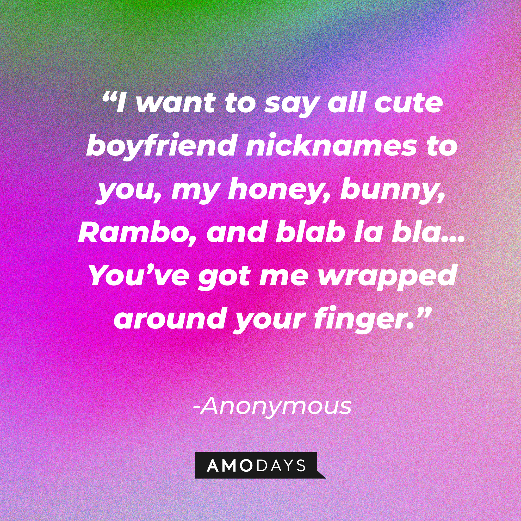 Anonymous quote: “I want to say all cute boyfriend nicknames to you, my honey, bunny, Rambo, and blab la bla.. You’ve got me wrapped around your finger.” | Source: Amodays