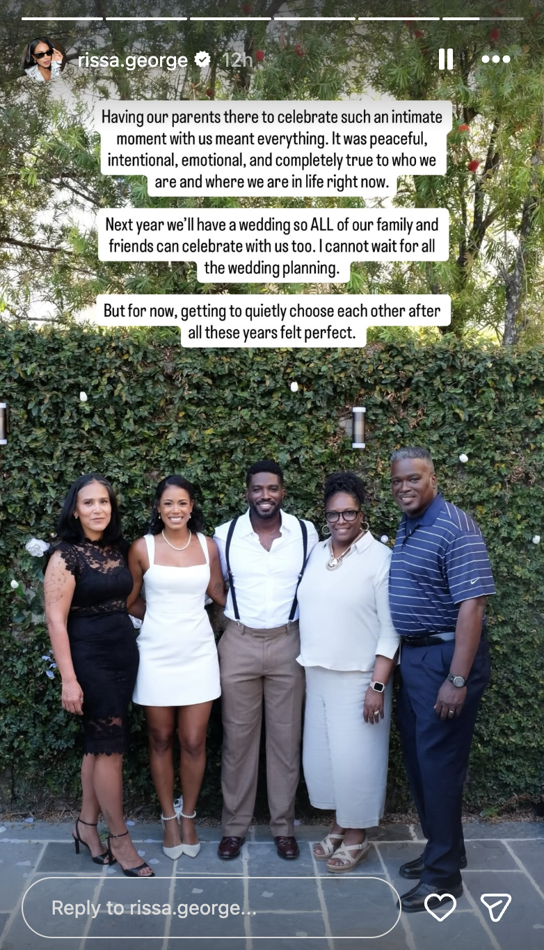 Marissa George shared a heartfelt photo from her intimate Savannah wedding celebration featuring the newlyweds alongside their parents in front of a lush ivy wall. | Source: Instagram Story/rissa.george