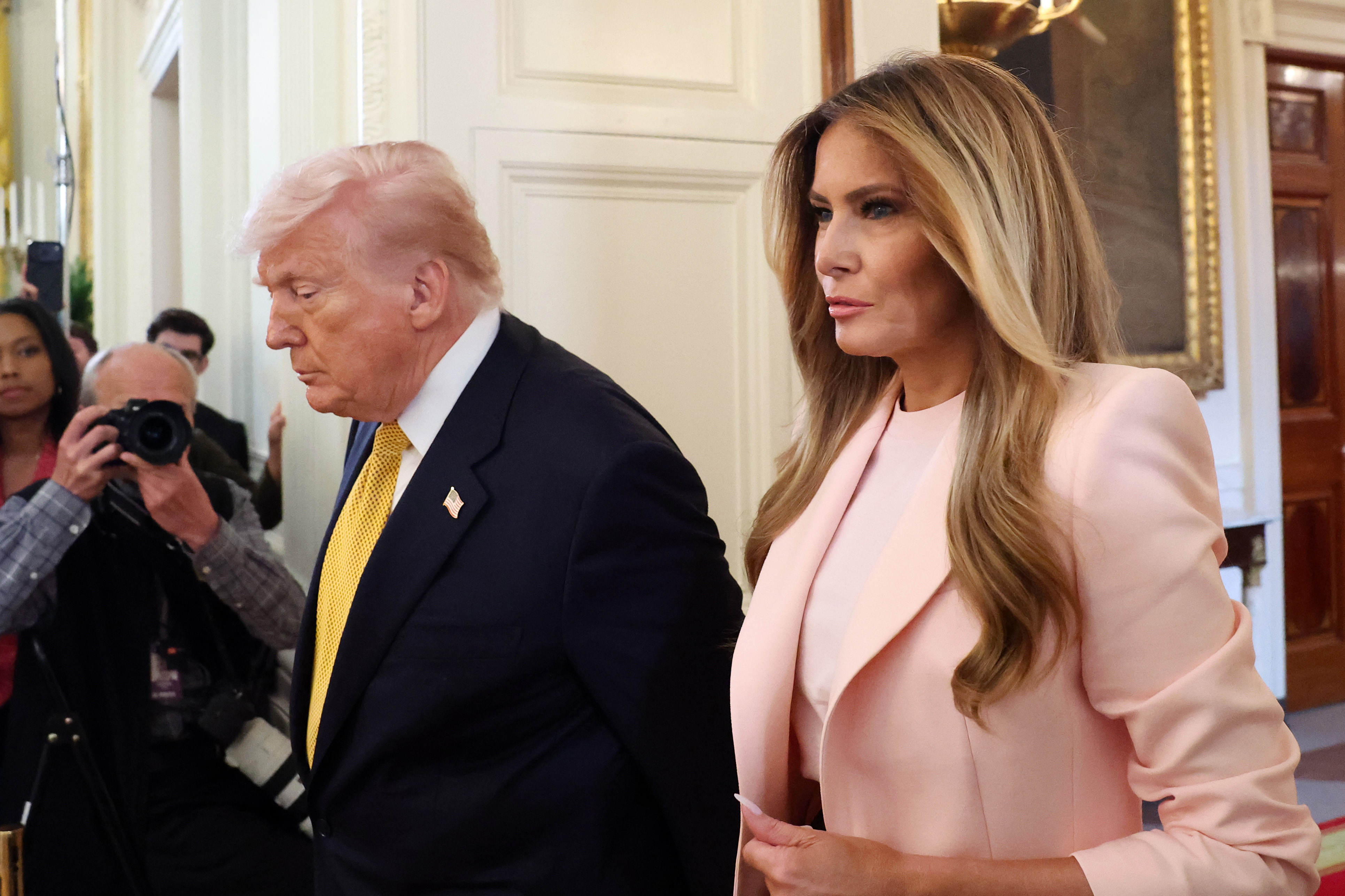 Donald Trump and Melania Trump during a military mothers celebration in the East Room of the White House on May 6, 2026, in Washington, DC | Source: Getty Images