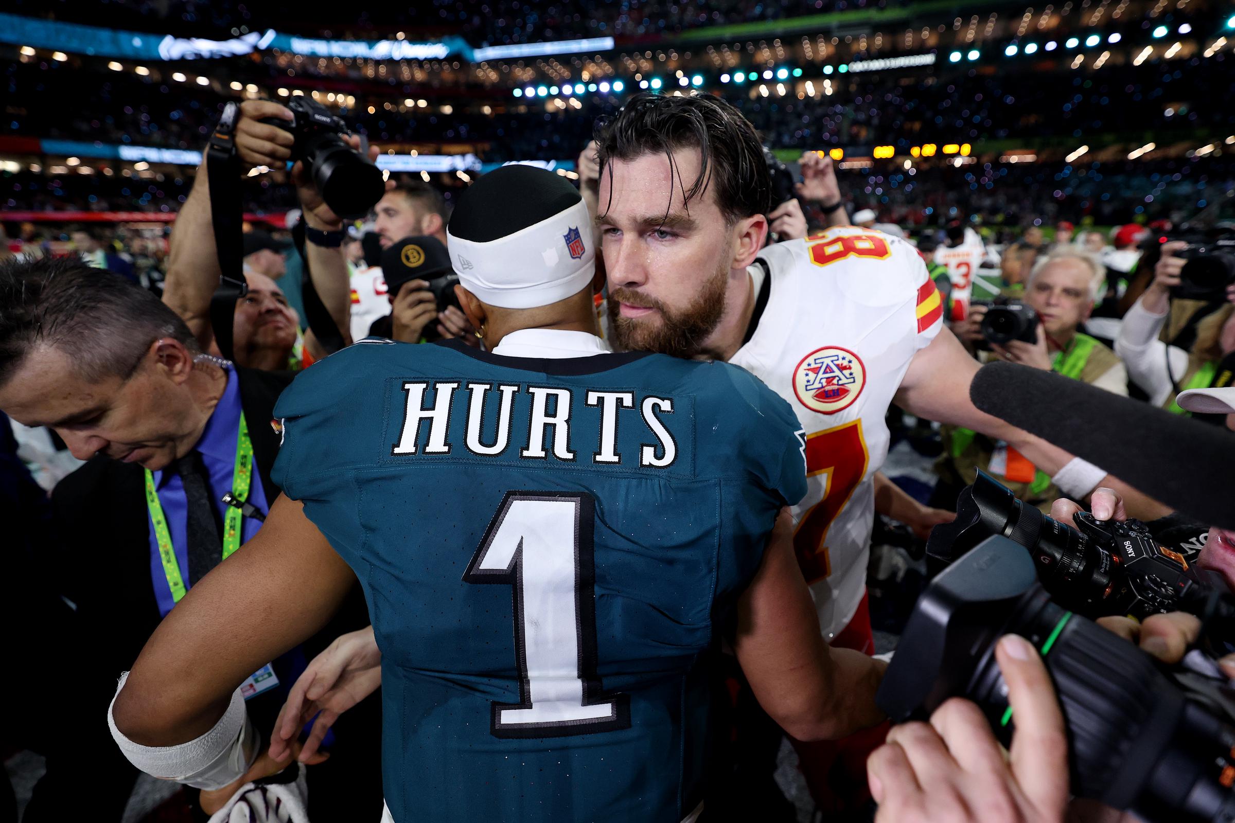 Jalen Hurts of the Philadelphia Eagles and Travis Kelce of the Kansas City Chiefs meet after Philadelphia beat Kansas City 40-22 to win Super Bowl LIX at Caesars Superdome in New Orleans, Louisiana, on February 9, 2025 | Source: Getty Images