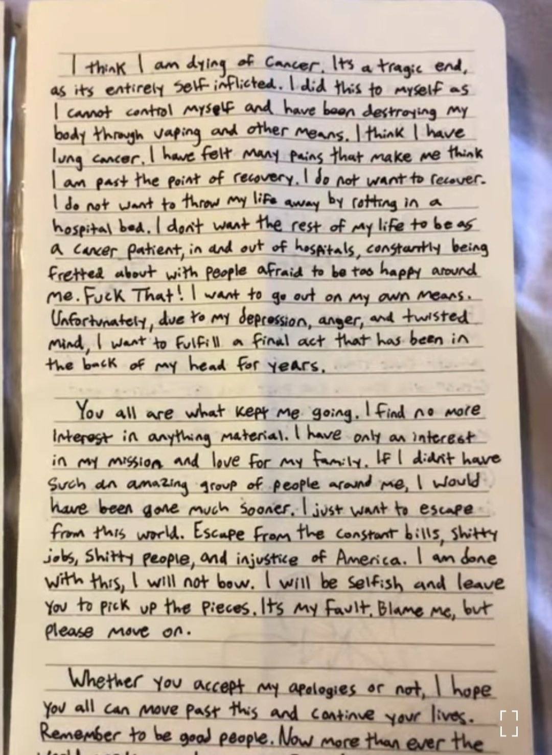 A manifesto page where Robin Westman wrote about illness, depression, and intent to carry out a final act | Source: Facebook/ChristinaAguayoNews