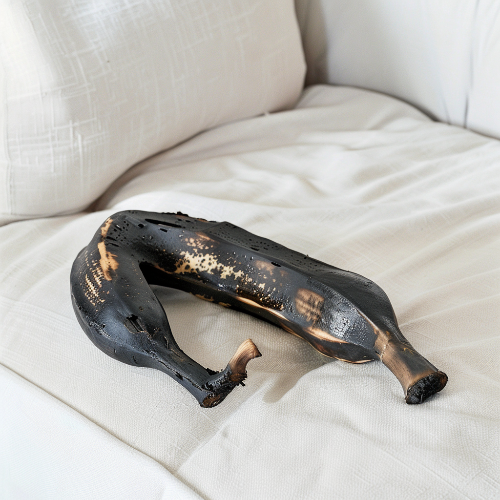 A blackened banana on a couch | Source: Midjourney