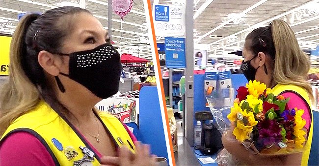 Walmart cashier Gloria receiving a bouquet. │Source: youtube.com/Eastidahonews