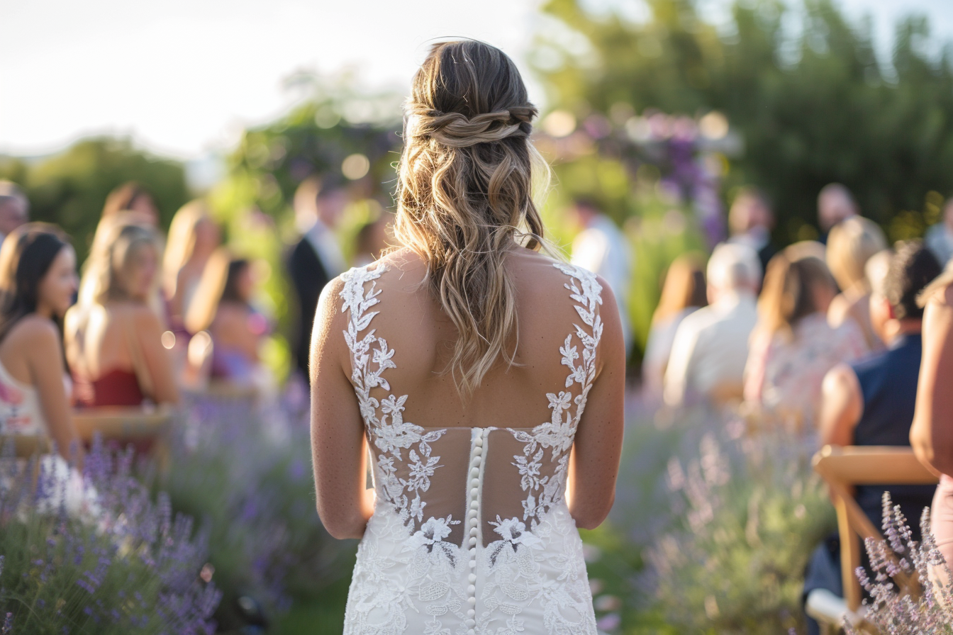 A woman in a white bridal gown entering a wedding venue | Source: Midjourney