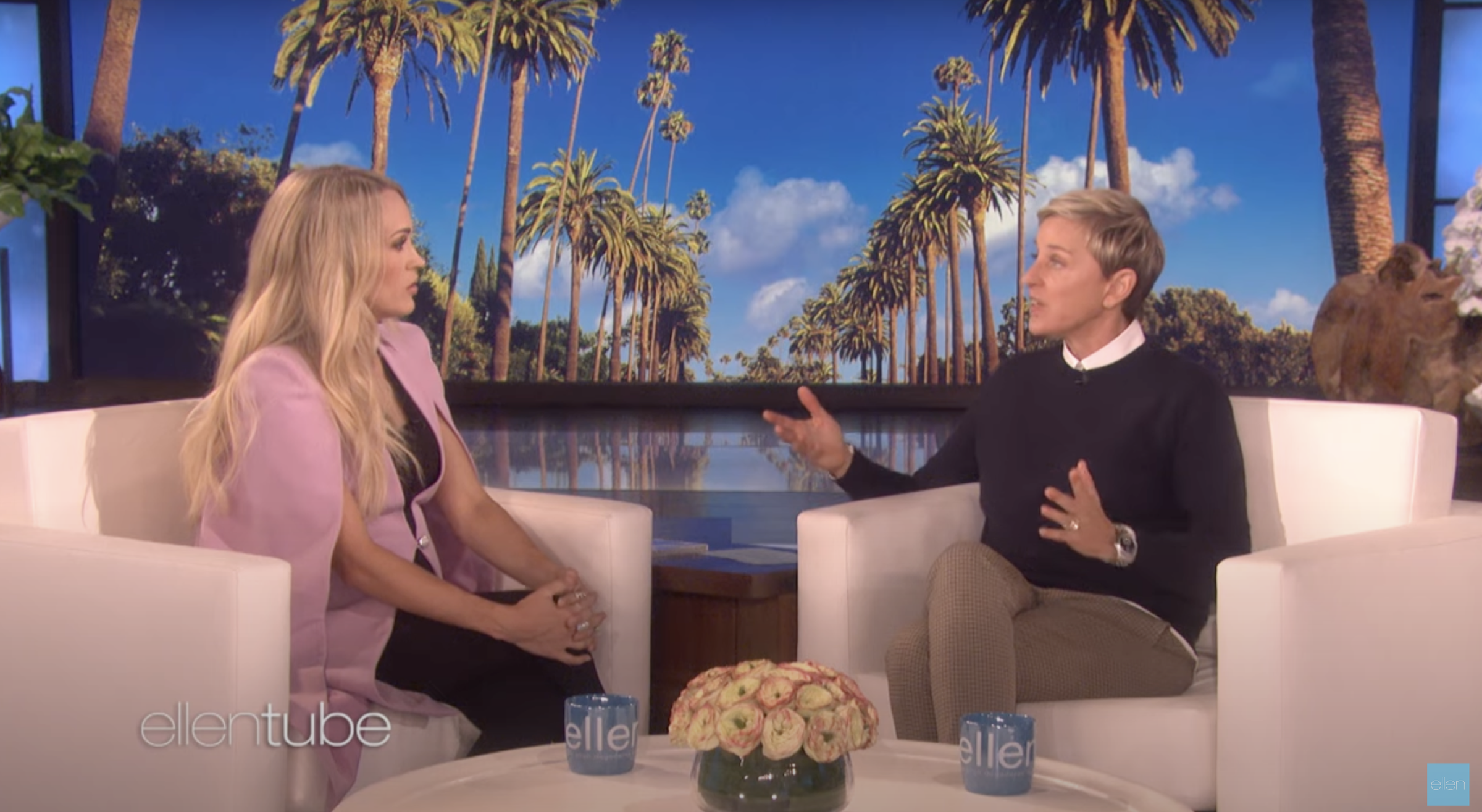 Carrie Underwood with Ellen DeGeneres on the latter's show,  from a video posted on September 19, 2018 | Source: YouTube/TheEllenShow