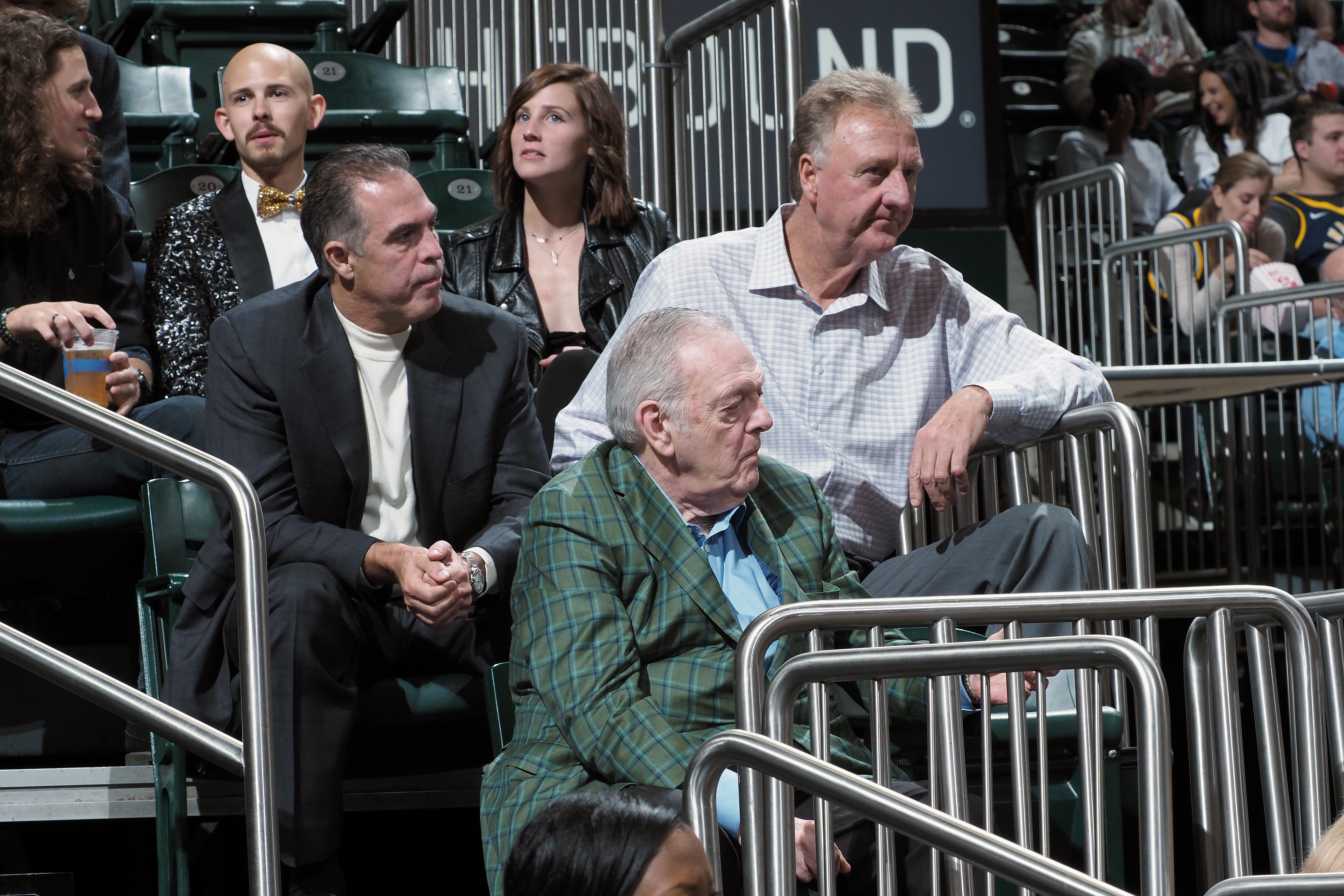 Kevin Pritchard, Larry Bird, and Donnie Walsh watch a game between the Indiana Pacers and Minnesota Timberwolves on October 15, 2019 in Indiana | Source: Getty Images