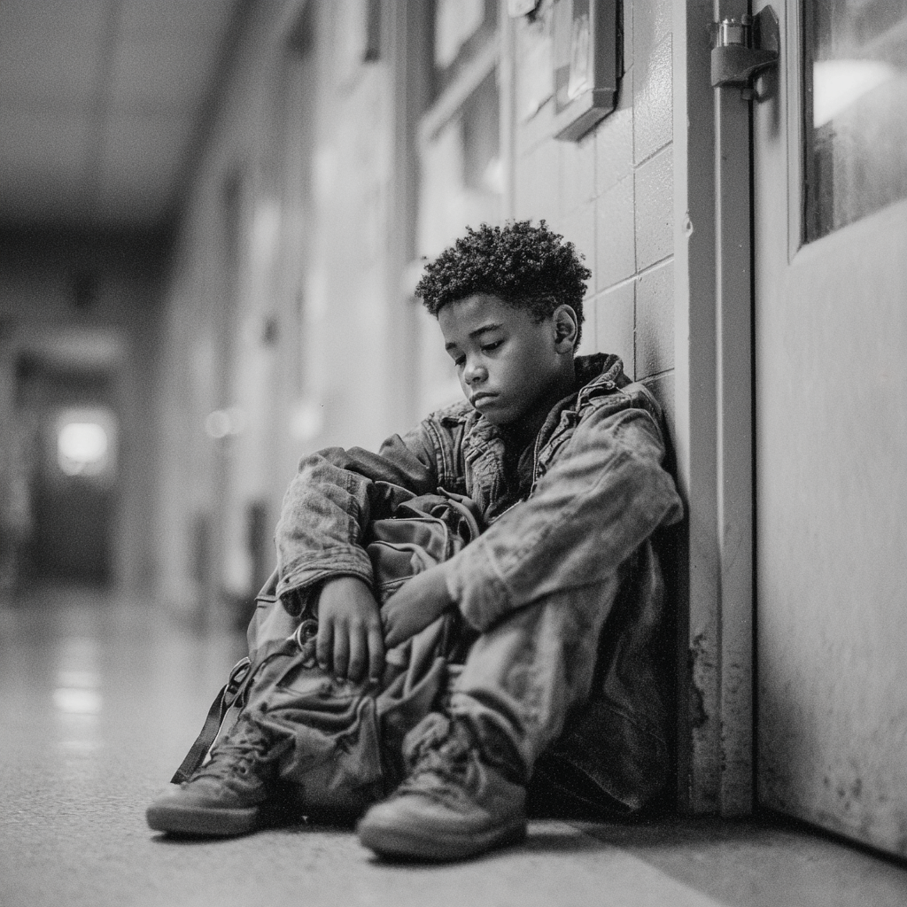A sad boy sitting on the floor | Source: Midjourney