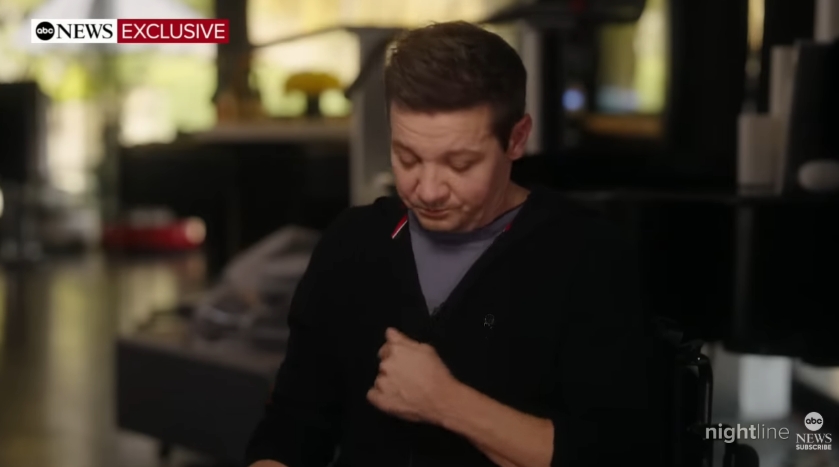 Jeremy Renner became emotional while recalling the aftermath of the snowplow accident, including the moment he apologized to his family through sign language. | Source: YouTube/ABC News