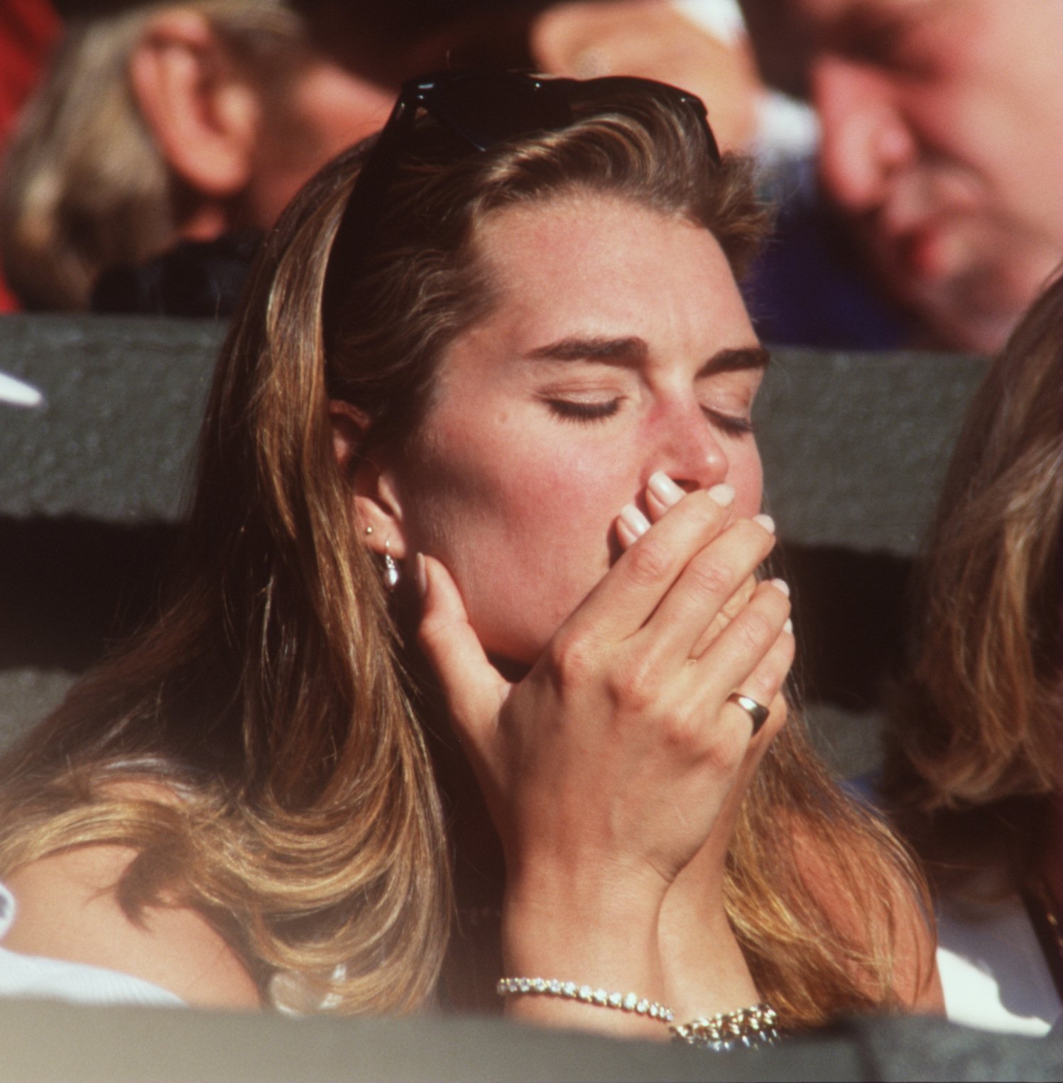 Brooke Shields looking dejected during the Wimbledon Tennis Championships where her boyfriend Andre Agassi lost his semi-final match to Boris Becker. / Source: Getty Images