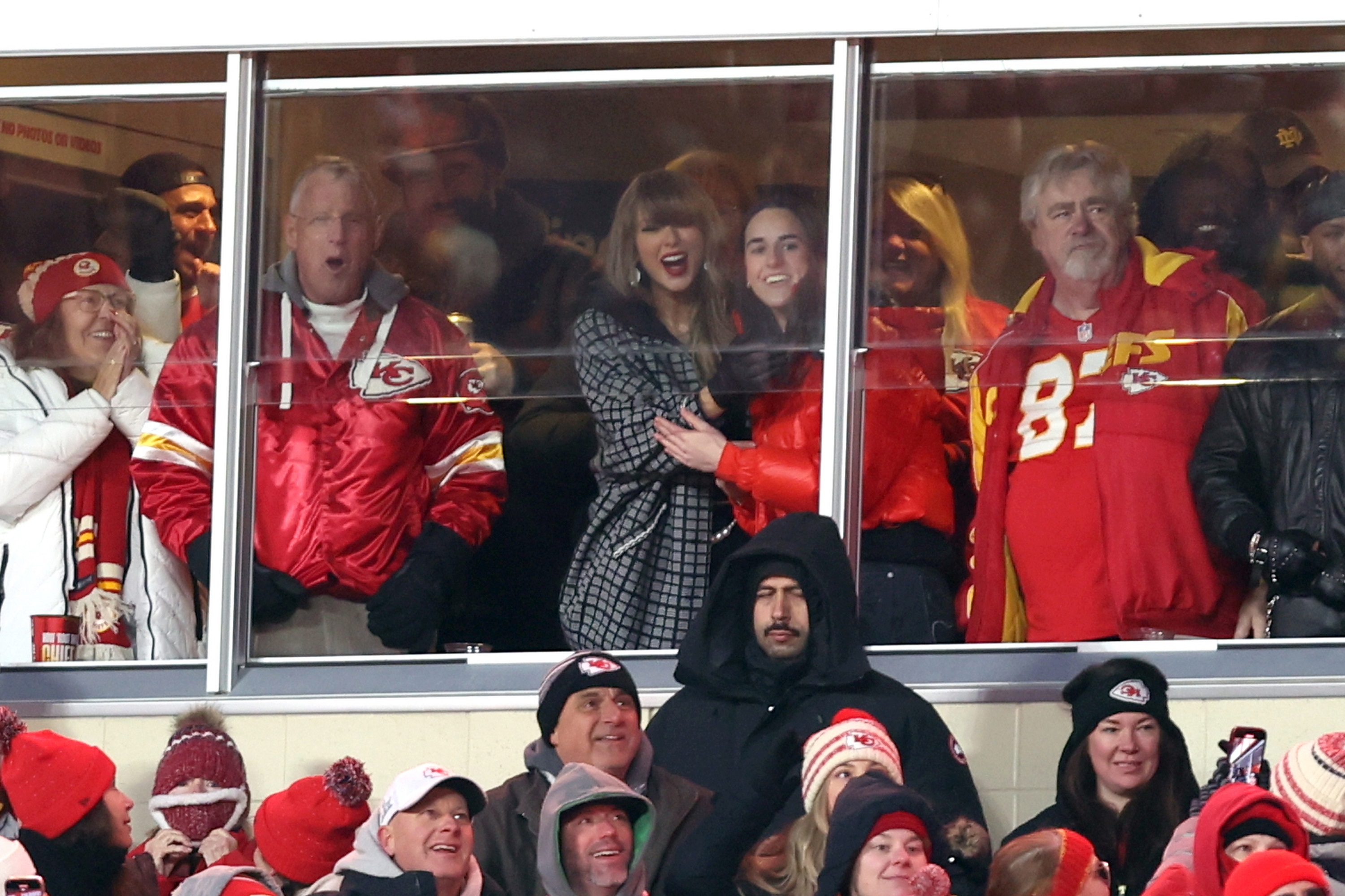 Taylor Swift and Caitlin Clark during an NFL football game at GEHA Field at Arrowhead Stadium on January 18, 2025, in Kansas City, Missouri | Source: Getty Images