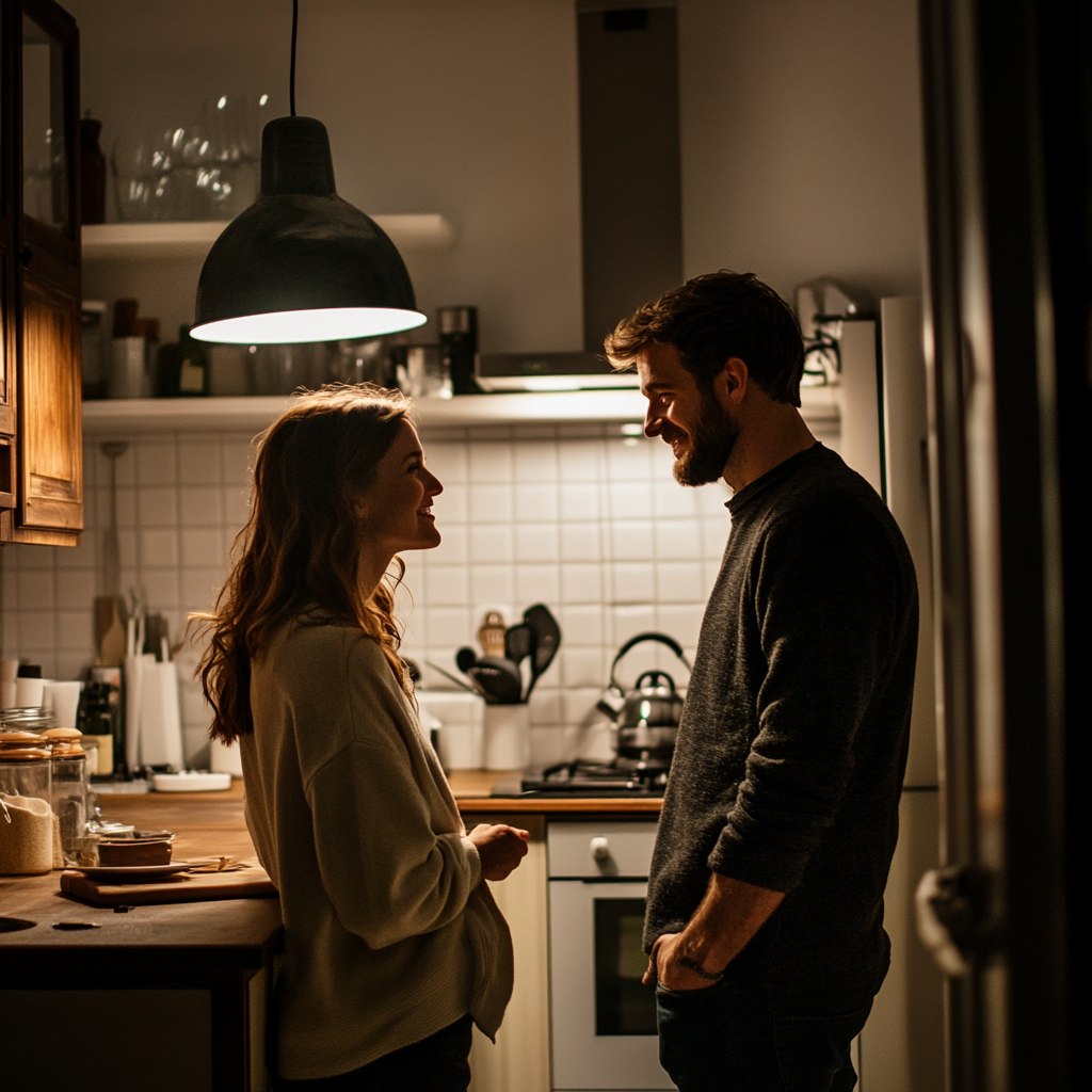 A couple standing in a kitchen | Source: Midjourney