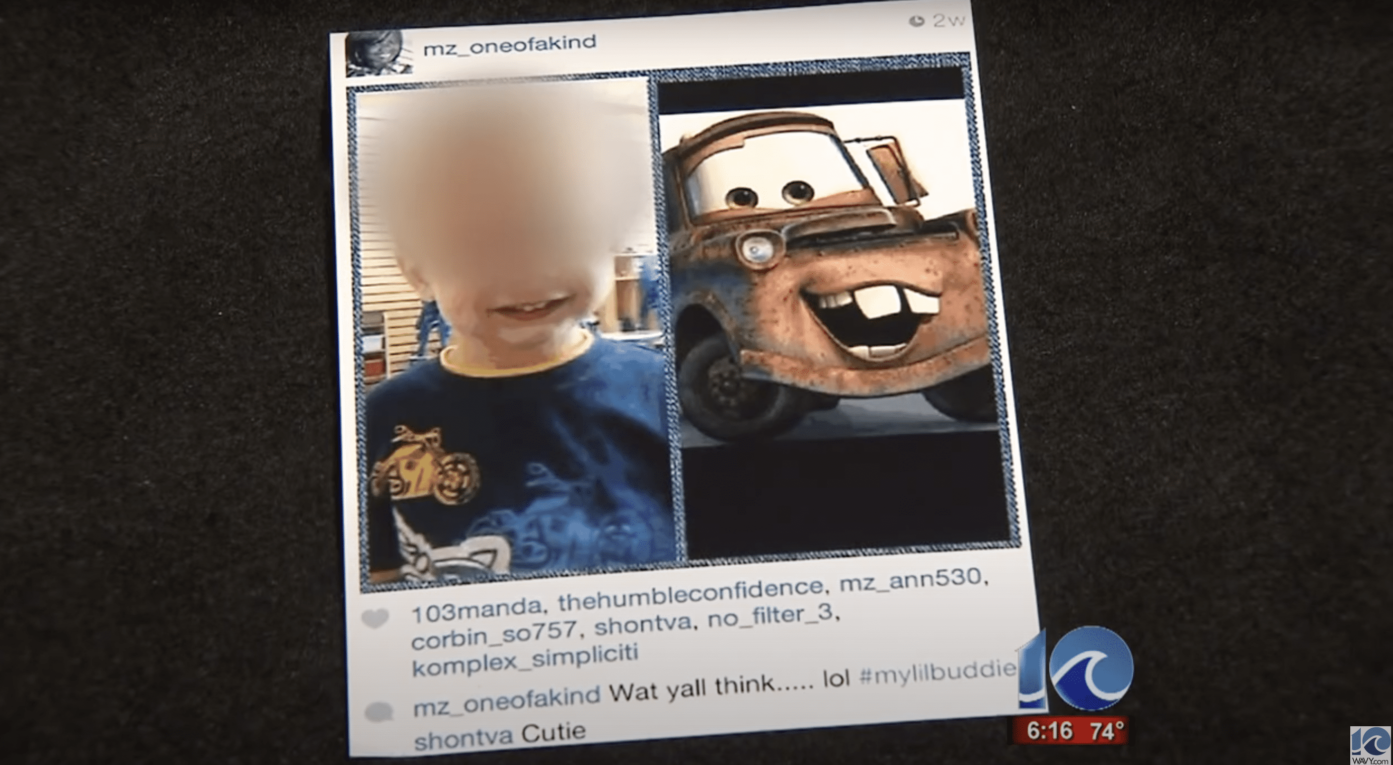 A photograph of another child attending the same daycare was juxtaposed with the image of "Mater" from the movie "Cars." | Source: youtube.com/WAVY TV 10