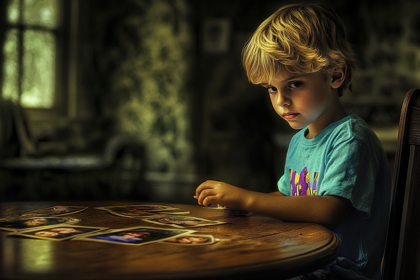 A boy sitting at table full of photos | Source: Midjourney