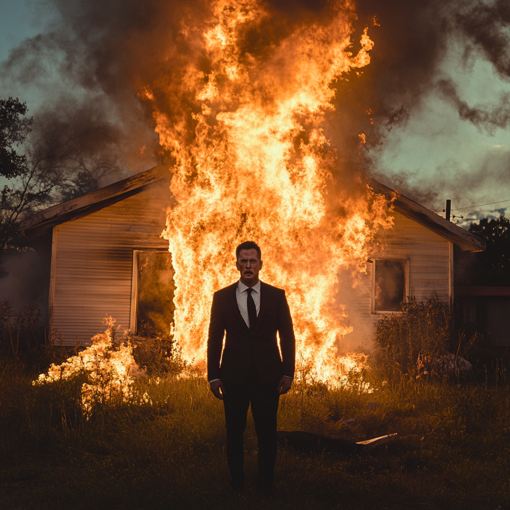 A man in a suit standing next to a burning house | Source: Midjourney