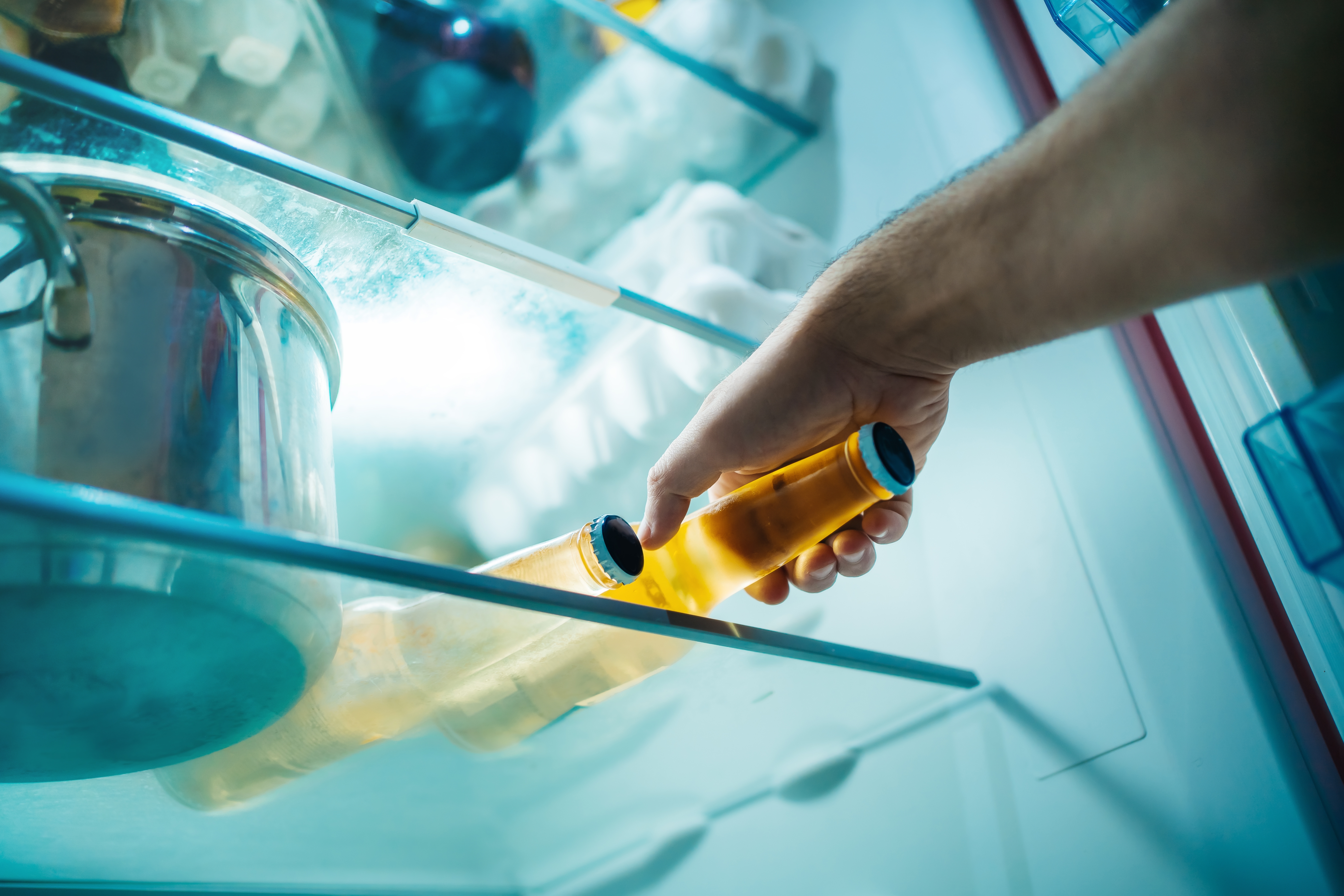 Two bottles of cold light beer in the refrigerator. | Source: Shutterstock