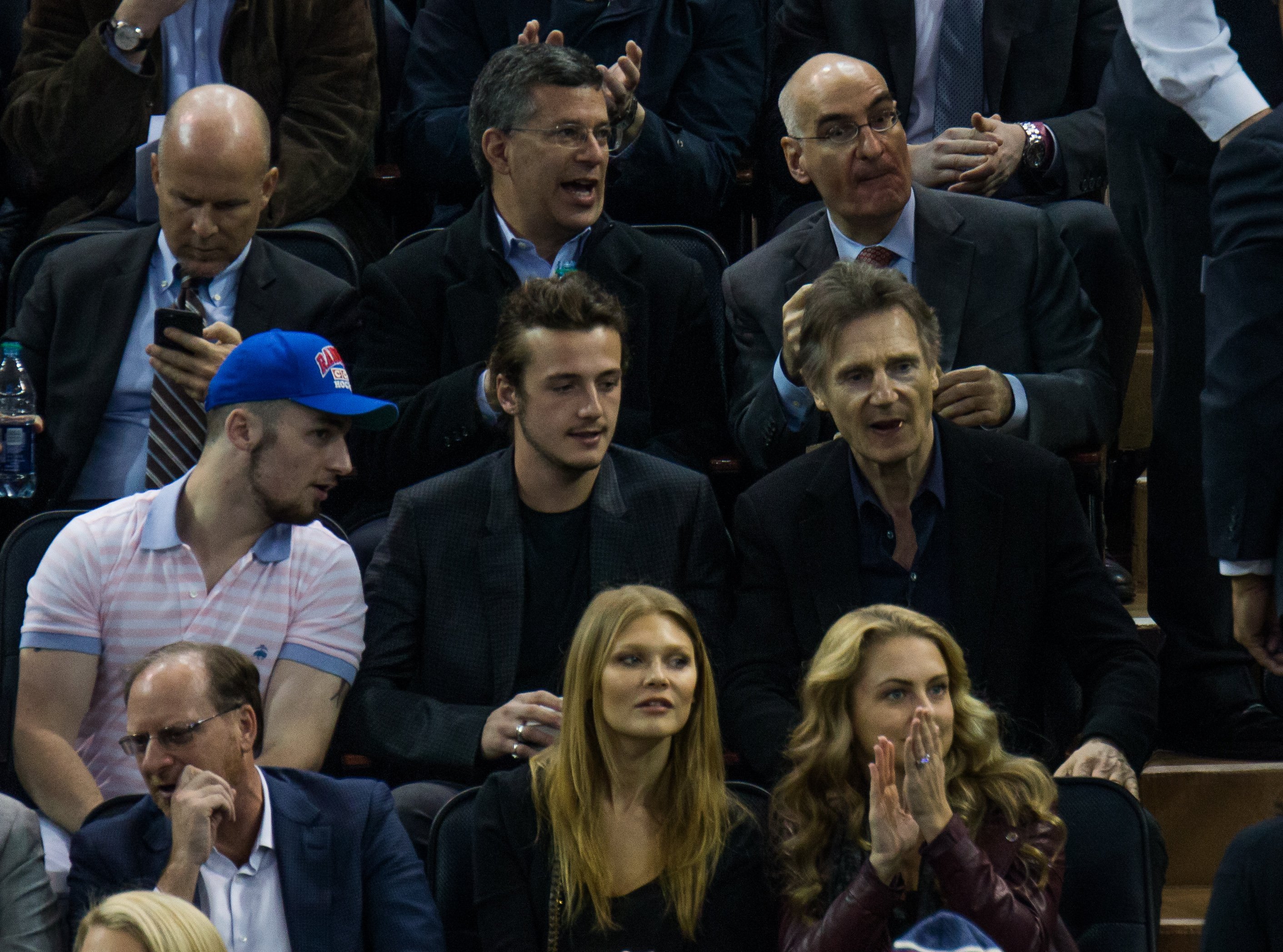 Liam Neeson and his sons Daniel Neeson, and Micheal Neeson during New York Rangers Vs. Boston Bruins game at Madison Square Garden on March 23, 2016 in New York City. / Source: Getty Images