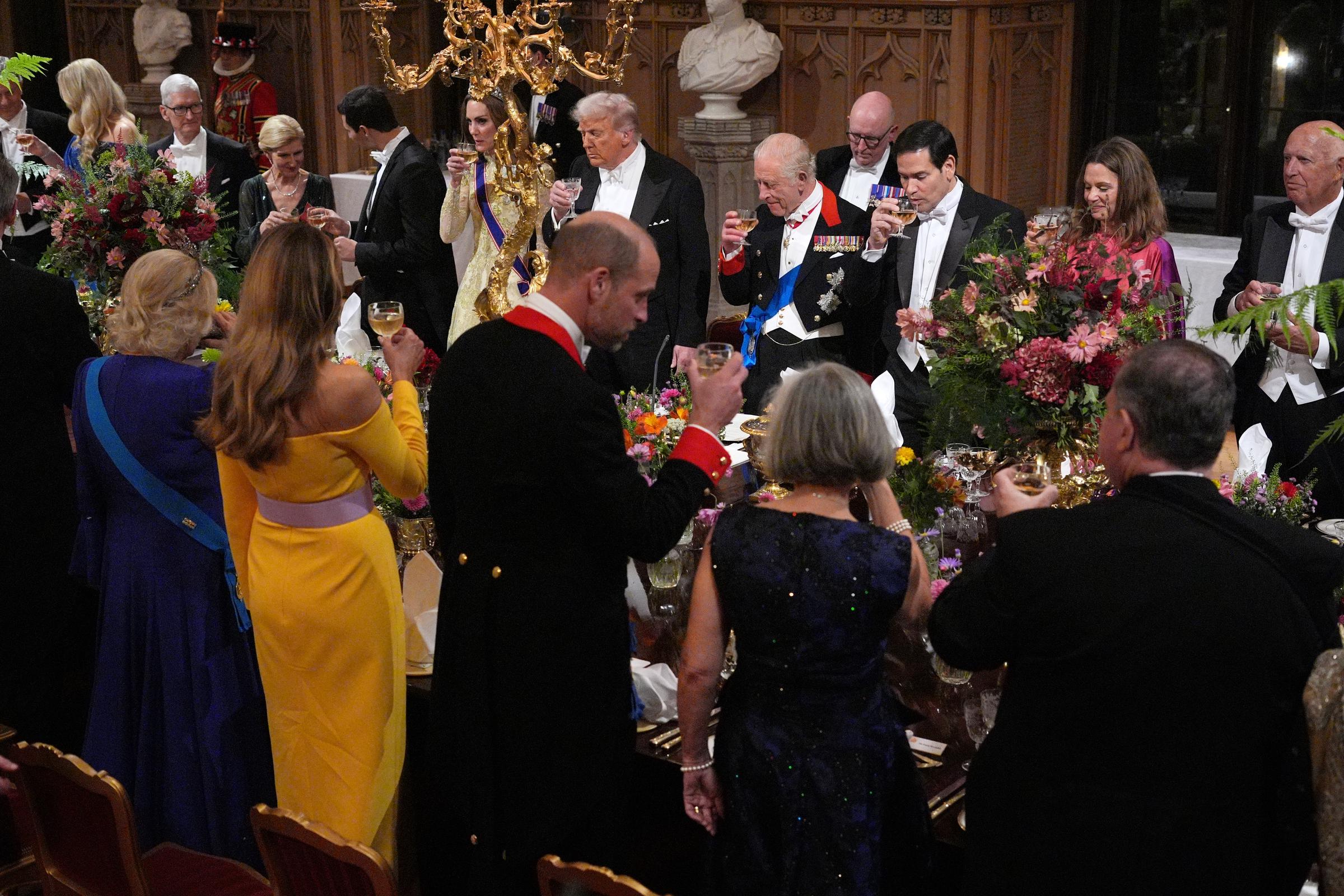 President Donald Trump, alongside King Charles III, Princess Catherines, US Secretary of State Marco Rubio, Queen Camilla, First Lady Melania Trump, Prince William, and other guests toast during the State Banquet at Windsor Castle | Source: Getty Images