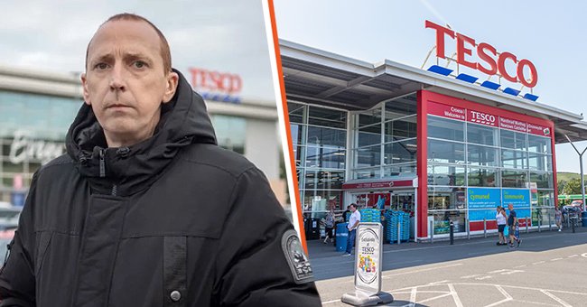  A picture of Kirk Bishop having an interview in front of Tesco [left] and the entrance of a Tesco store [right] | Photo: twitter.com/TheSun 