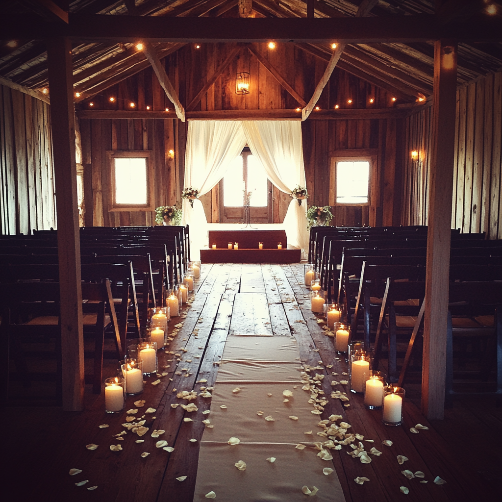 A wedding ceremony setup in a barn | Source: Midjourney