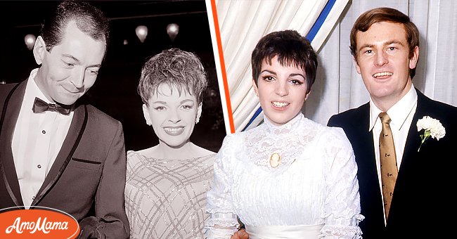 Judy Garland (1922 - 1969) and Mark Herron (1928 - 1996) attend the "Night of 100 Stars" at the London Palladium,1964 [Left].  Liza Minnelli with her first husband, Peter Allen (1944 - 1992), at their wedding, 3rd March 1967 [Right]. | Photo: Getty Images