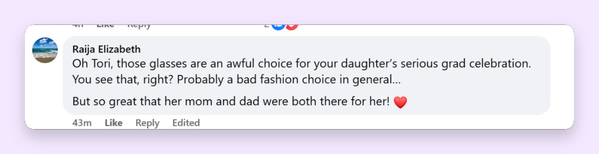 Some viewers criticized Tori Spelling's graduation-day styling, but even the sharper comments acknowledged the importance of both parents showing up for their daughter. One person wrote, "But so great that her mom and dad were both there for her! ❤️." | Source: Facebook/Page Six