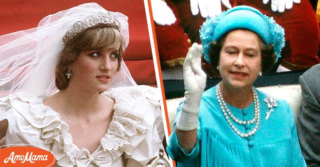 Princess Diana rides in an open carriage from St. Paul's Cathedral to Buckingham Palace, following her wedding on July 29, 1981, in London, England, and the Queen after Diana's wedding | Photos: Anwar Hussein & Princess Diana Archive/Getty Images