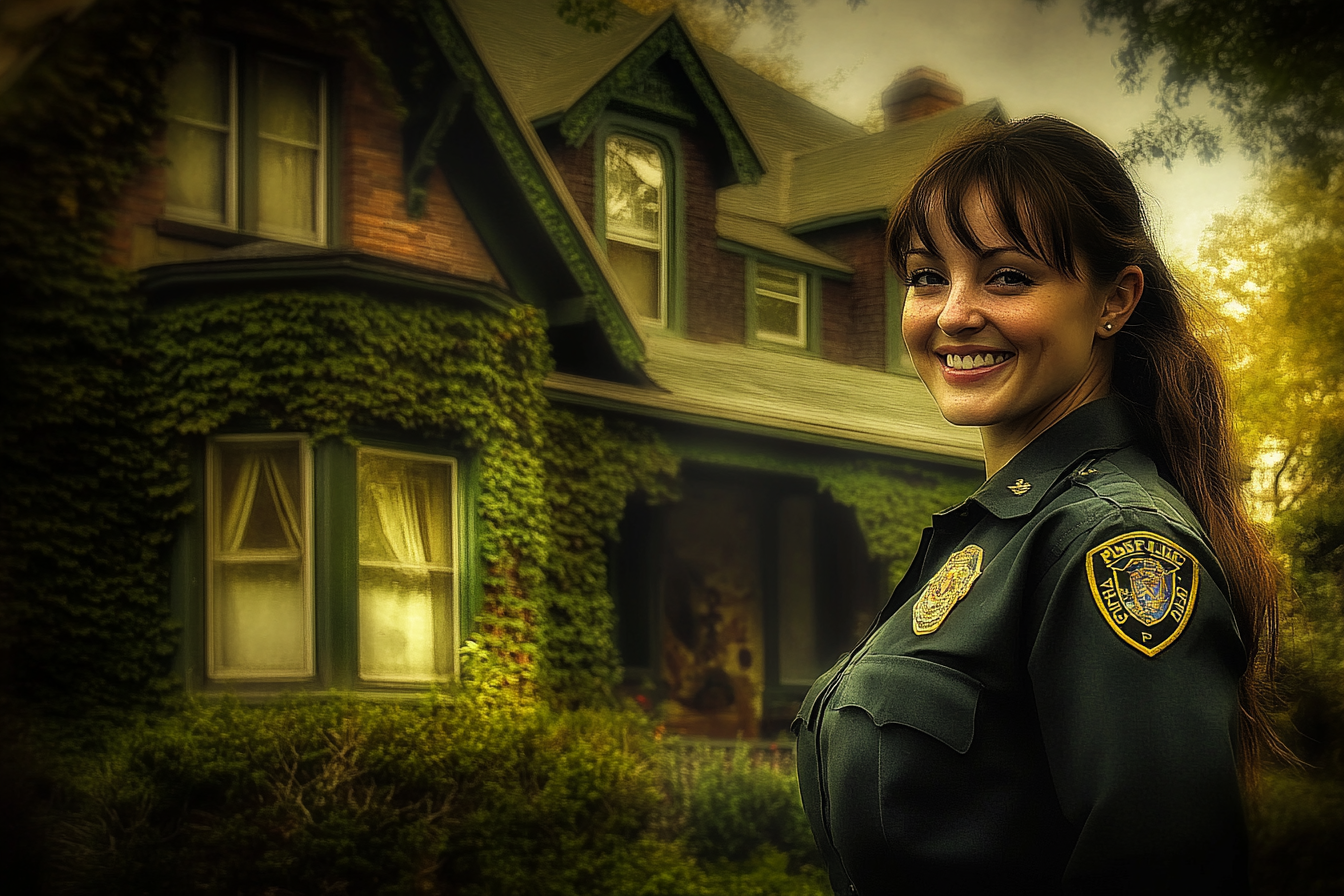 A police officer smiling in front of an ivy-covered house | Source: Midjourney