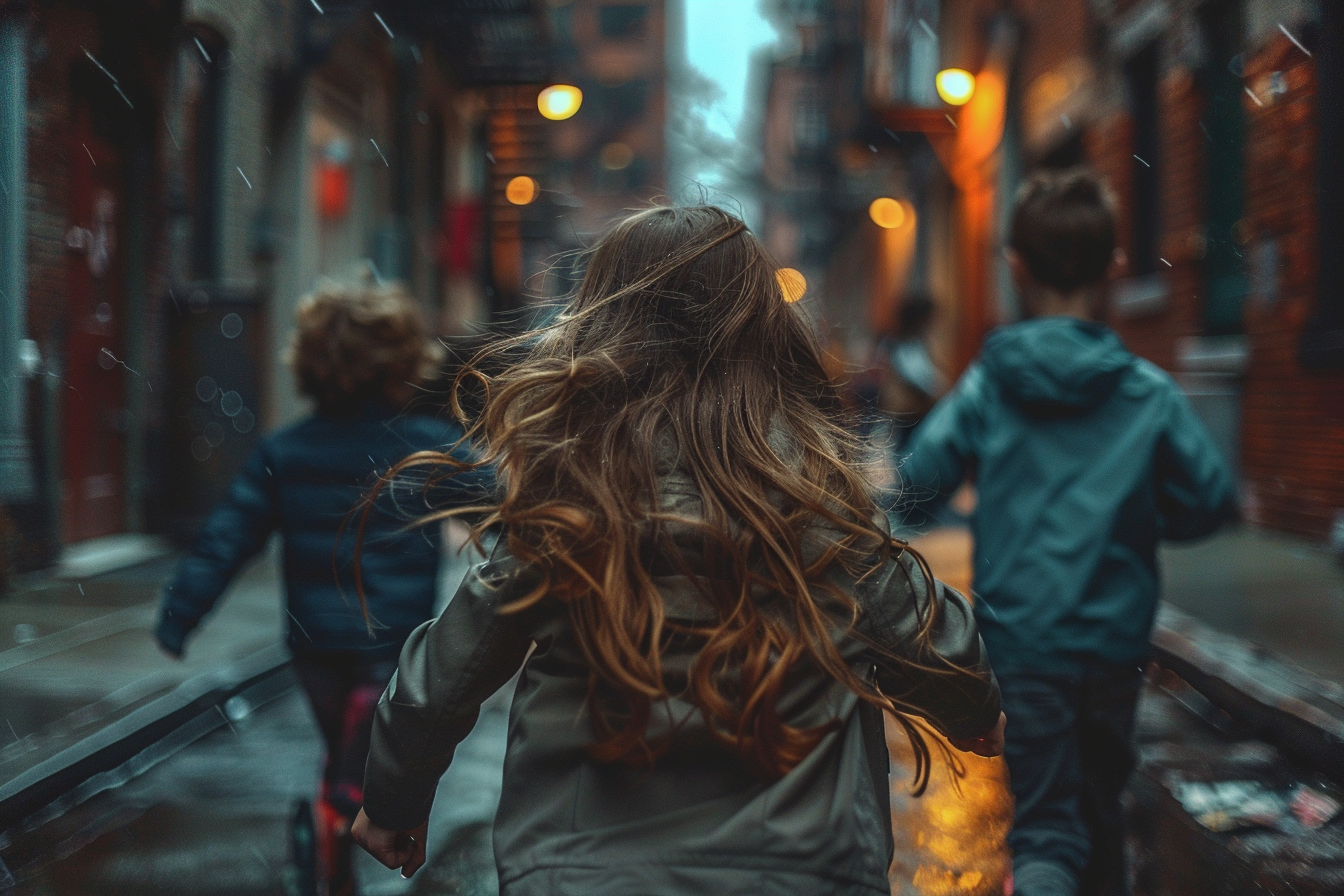 Three kids running down a street | Source: Midjourney