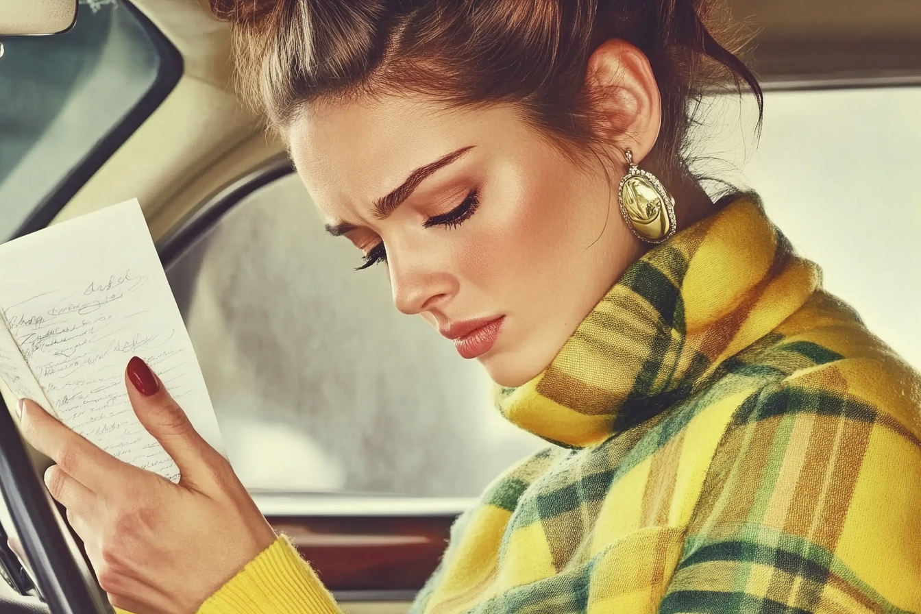 A woman reading a letter in her car | Source: Midjourney