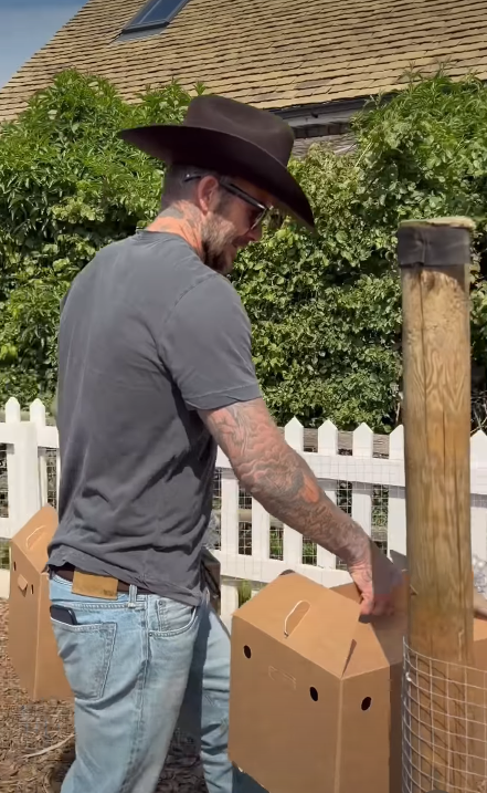 David Beckham walking toward his chicken coop carrying his birthday gifts | Source: Instagram/victoriabeckham